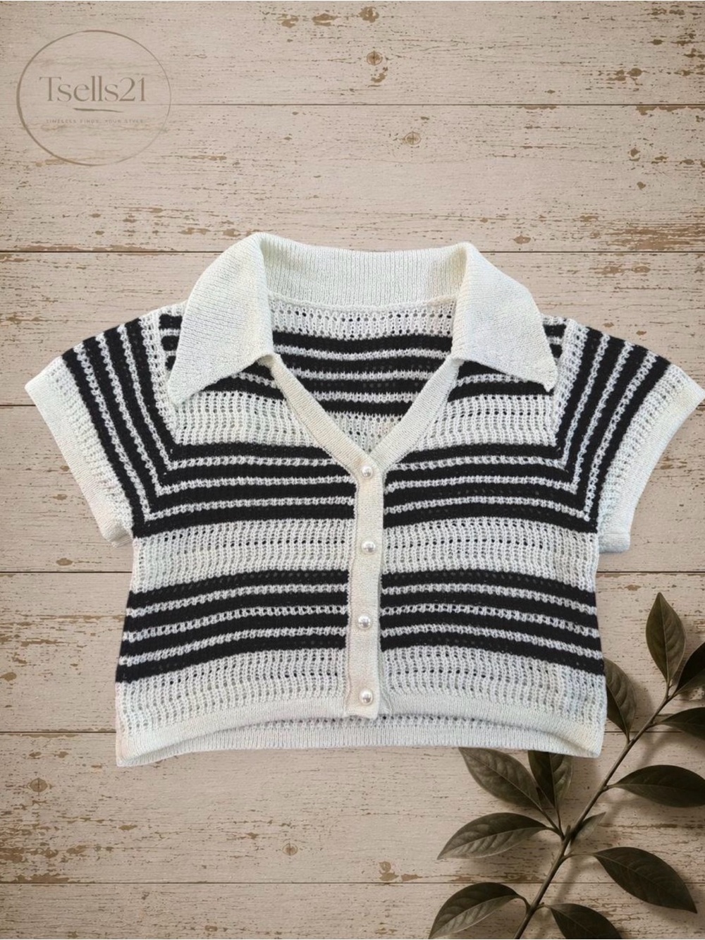 SHEIN Black & White Striped Crochet Knit Cropped Cardigan - Size OXL